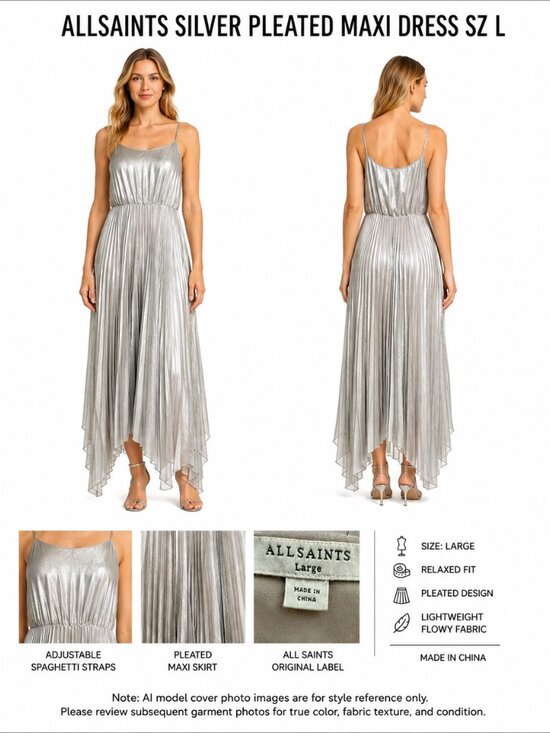 All Saints Dresses & Skirts - ALLSAINTS SILVER PLEATED MAXI DRESS SZ L